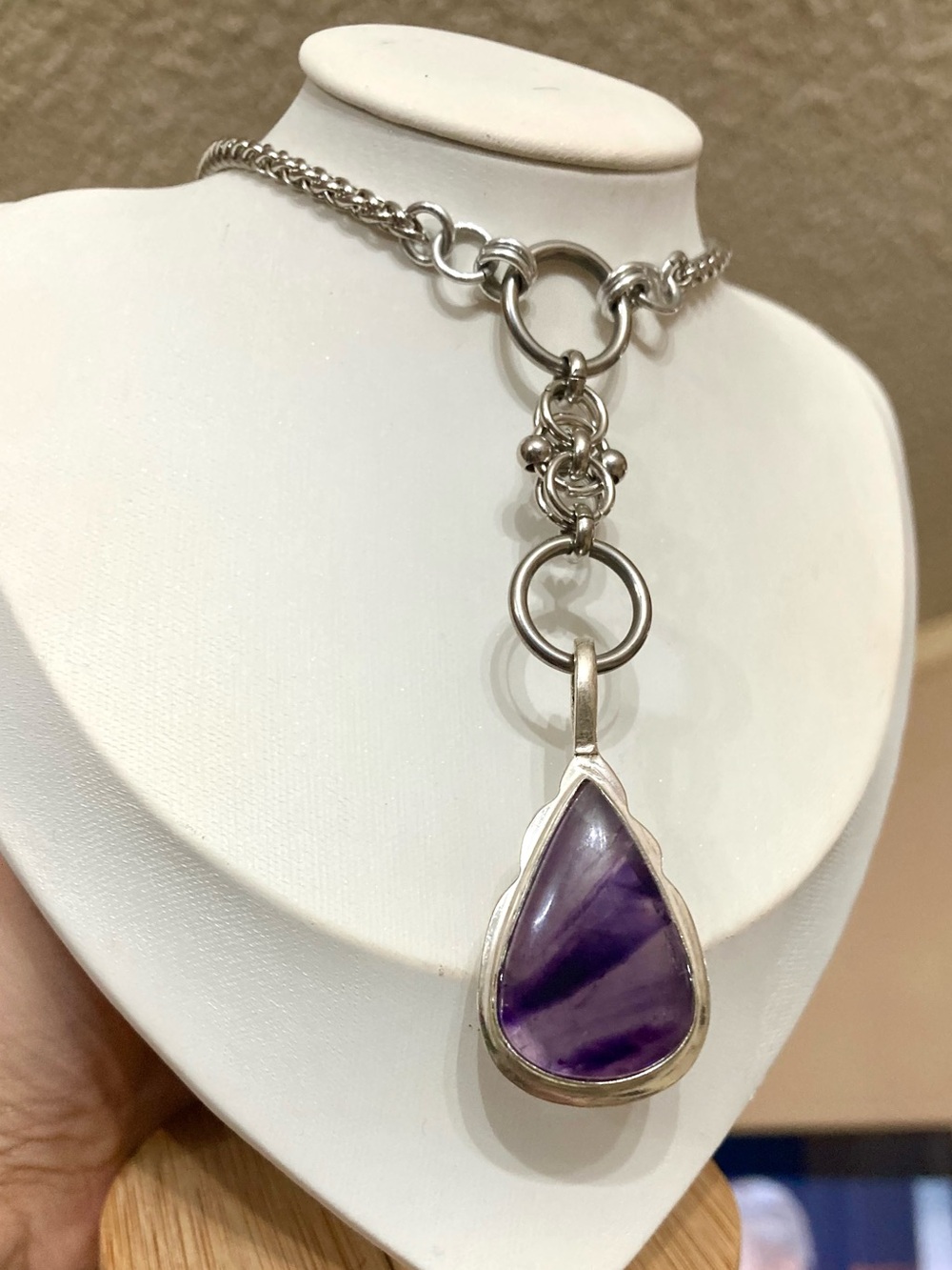 925 sterling silver amethyst charm on steel y shape Celtic knot chain - Picture 3 of 14